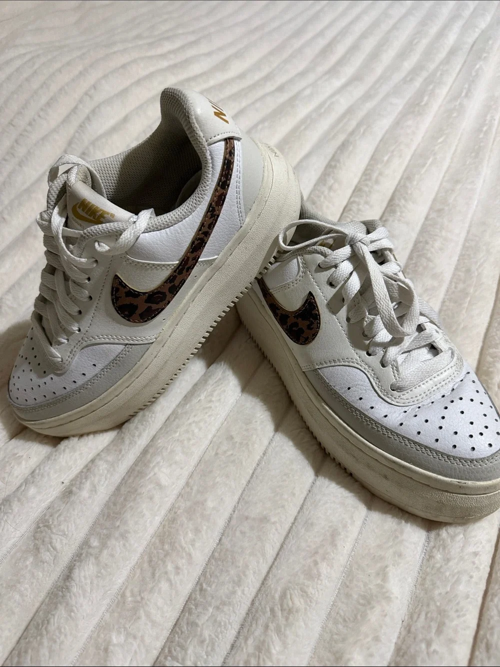 Nike leather White Sneakers with Leopard Swoosh and Gold Logo